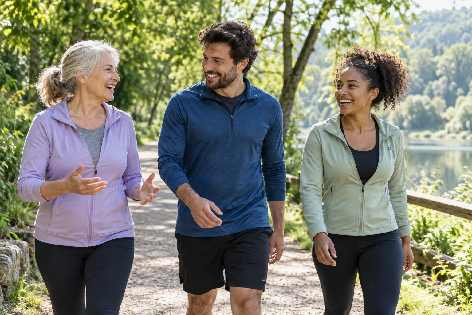 Illustrative scene of friends enjoying an active walk in a park